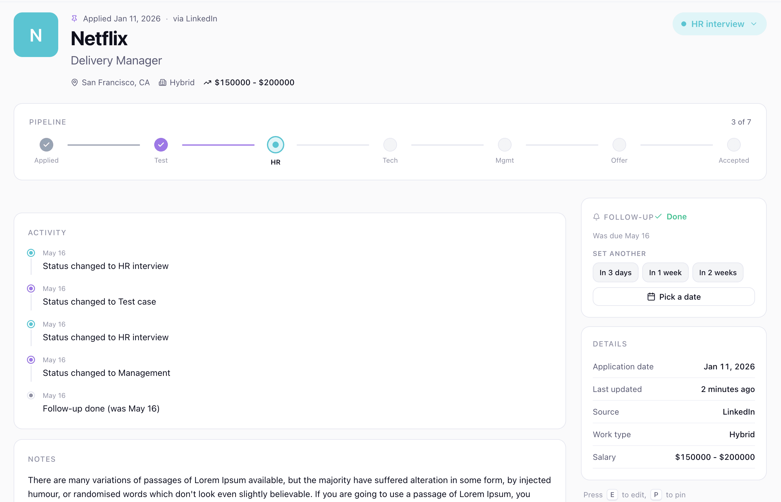 Application detail view with pipeline, activity timeline, follow-up card, and details sidebar