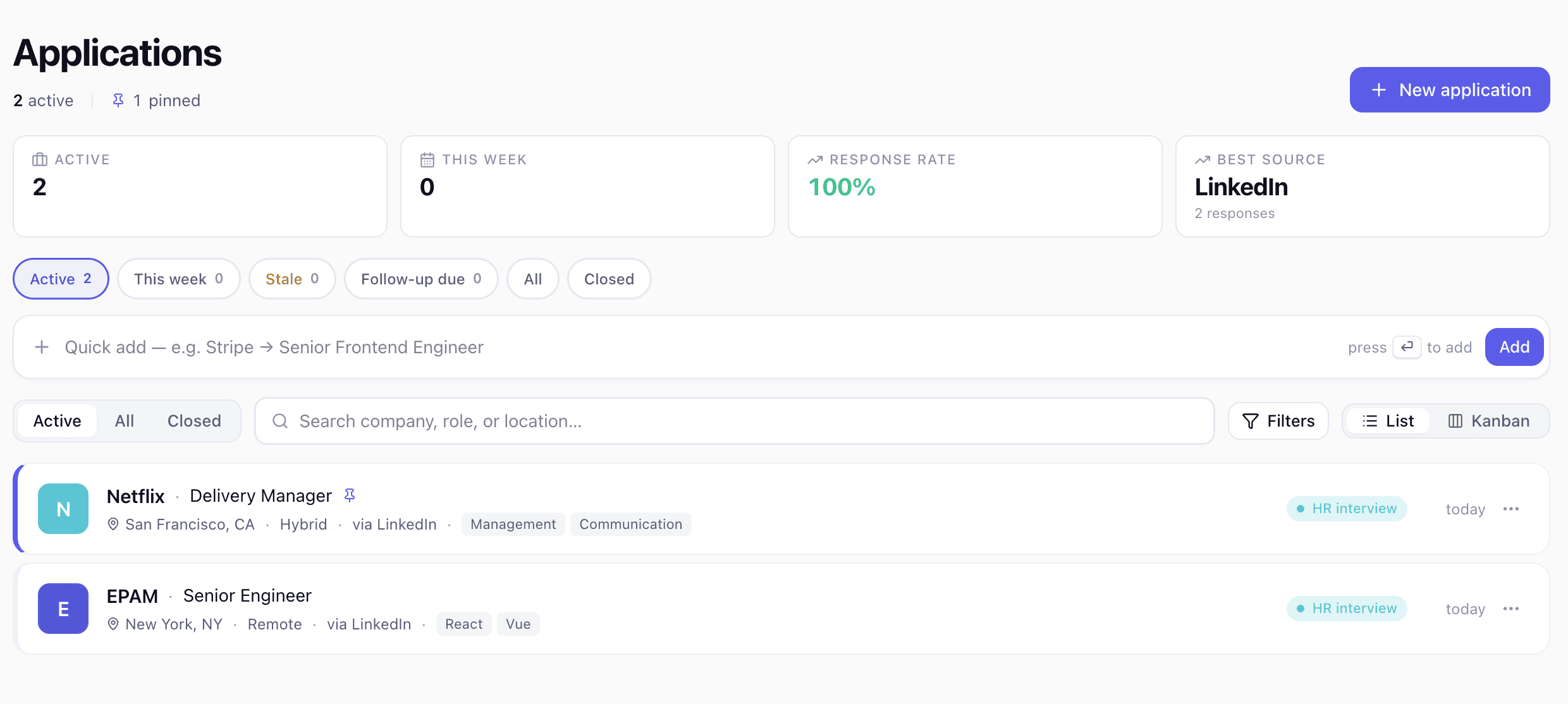 Applications list view